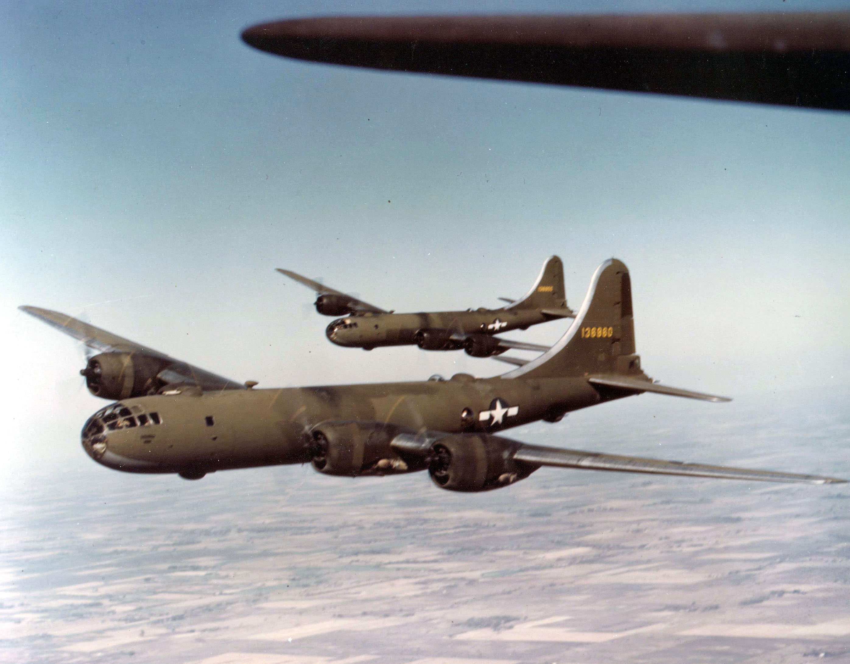 Olive-drab Boeing B-29 Superfortress, U.S. Army Air Forces, period photograph
