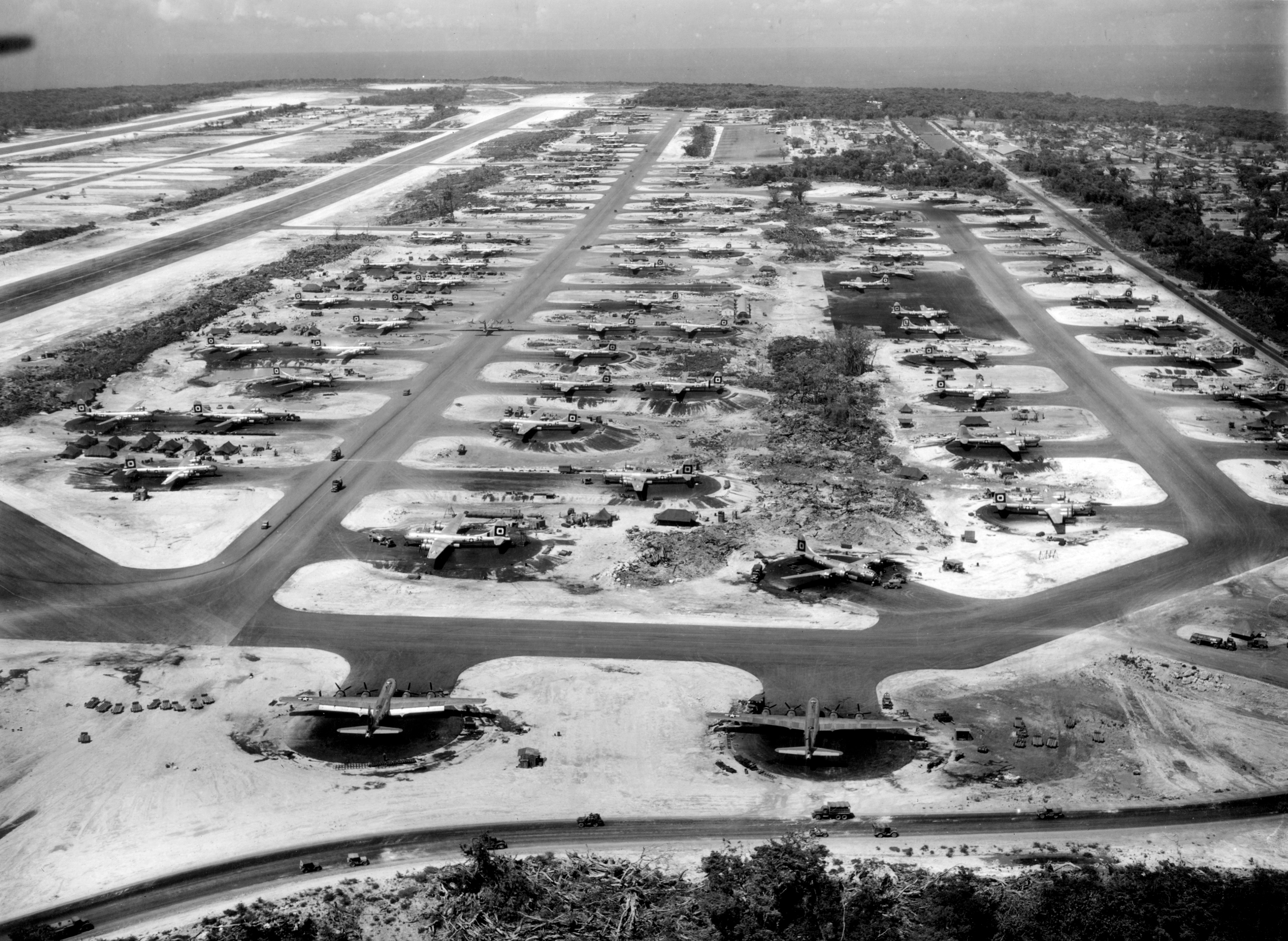 Aerial view of North Field, Guam, with B-29s, 1945